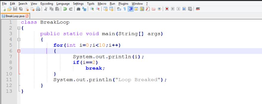 This image describes the sample program of break statement in java.